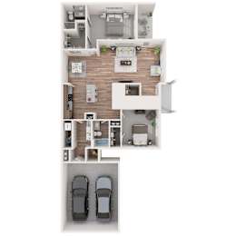 A floor plan of a house with two bedrooms, a living room, a kitchen, and a garage for two cars.