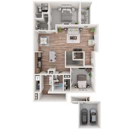 A top-down view of a house layout with a kitchen, living room, bedrooms, and a garage.