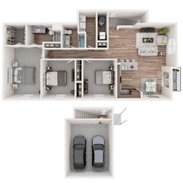 A 3D floor plan of a house with two bedrooms, a living room, a kitchen, and a garage.