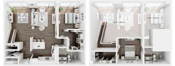Floor Plan  two layouts of a living room and dining room with furniture and a kitchen