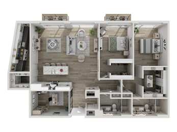 Floor Plan  A 3D floor plan of a house with a kitchen, living room, and bathroom.