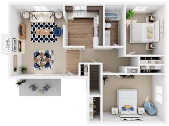 a 3d drawing of the living room of a house with furniture and a balcony