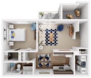 a 3d rendering of a 1 bedroom floor plan with a bathroom and a kitchen