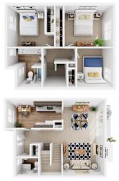a 3d rendering of a bedroom and a living room