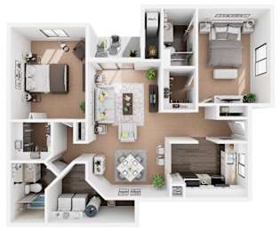 A top-down view of a small apartment layout with a kitchen, living room, and bedroom.