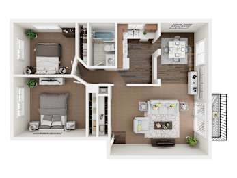 A top-down view of a small apartment layout with a kitchen, living room, and bathroom.