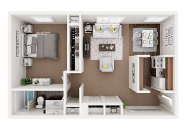 A dollhouse with furniture and appliances in a modern style.