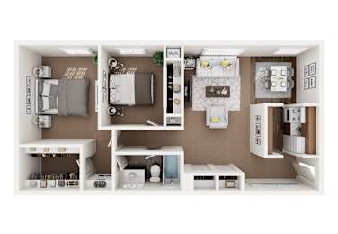 A cutaway view of a small apartment showing the layout of the living room, kitchen, and bedroom.