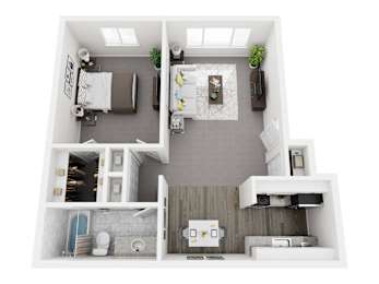 A top down view of a small apartment with a kitchen, living room, and bathroom.