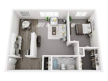 A top-down view of a modern, minimalist bathroom with a toilet, sink, and shower.
