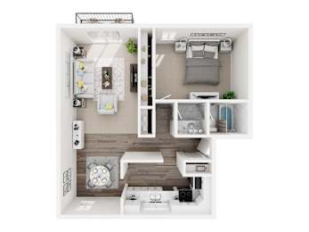 A top-down view of a small, neatly organized apartment with a kitchen, living room, and bedroom.