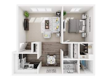 A 3D floor plan of a small apartment with a kitchen, living room, and bedroom.