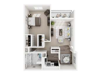 A top-down view of a small, neatly organized apartment with a kitchen, living room, and bedroom.