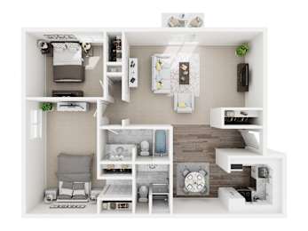 A modern, minimalist floor plan of a small apartment with a kitchen, living room, and bedroom.