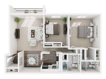 A white and grey 3D floor plan of a small apartment.