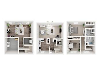 Three different layouts of a small apartment are shown.