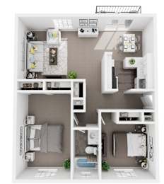 A diagram of a small apartment with a kitchen, living room, and bathroom.