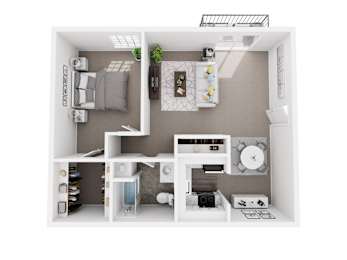 A 3D floor plan of a small apartment with a kitchen, living room, and bedroom.