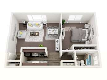 A top-down view of a small, neatly organized apartment with a bed, a couch, a desk, and a kitchenette.