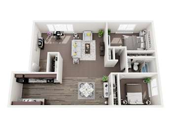 A top-down view of a small, neatly organized apartment with a kitchen, living room, and bedroom.