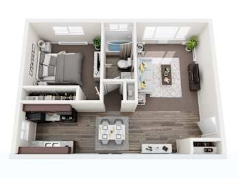 A top-down view of a modern apartment with a living room, kitchen, and dining area.