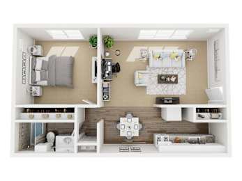 A top-down view of a small, neatly organized apartment with a bed, desk, and kitchenette.