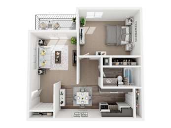 A top-down view of a small, neatly organized apartment with a kitchen, living room, and bedroom.