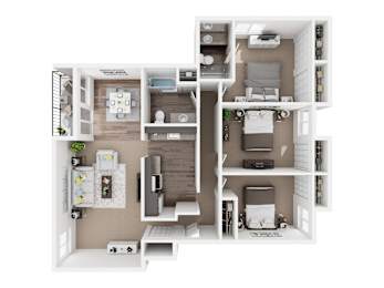 A 3D floor plan of a small apartment with a kitchen, living room, and bathroom.