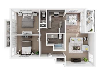 A 3D floor plan of a small apartment with two bedrooms and a living area.