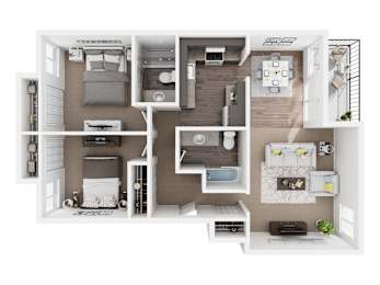 A 3D floor plan of a small apartment with a kitchen, living room, and bedroom.