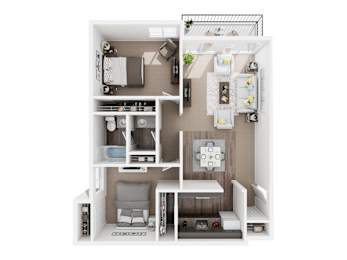 A white floor plan of a small apartment with a kitchen, living room, and bedroom.