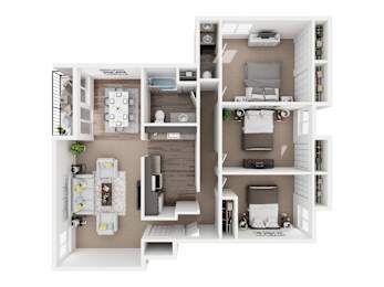 A top-down view of a small apartment layout with a kitchen, living room, and bedroom.
