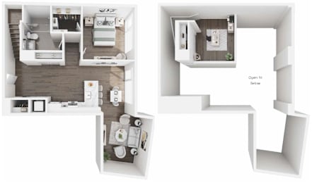 Floor Plan  A white floor plan of a house with a kitchen, living room, and bathroom.