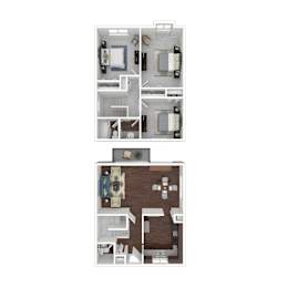 A floor plan of a two-story apartment with a living room, kitchen, and bedrooms.
