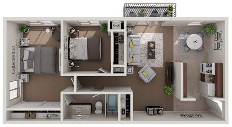 A 3D floor plan of a small apartment with a kitchen, living room, and bathroom.