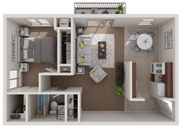A 3D rendered image of a small apartment layout with a kitchen, living room, and bedroom.