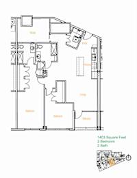A floor plan of a 1403 square feet home with two bedrooms and two baths.