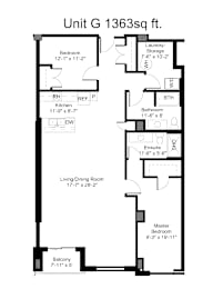 A floor plan of a 1363 square foot unit with a living/dining room, kitchen, two bedrooms, a bathroom, and a balcony.