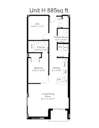 A floor plan for a 885 square foot unit with a living/dining room, kitchen, bedroom, powder room, and den.