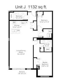 A black and white image of a floor plan for Unit J, which is 1132 square feet.