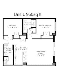 A floor plan of a 950 square foot unit with a living/dining room, kitchen, bathroom, powder room, and two bedrooms.