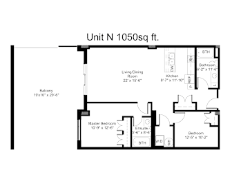 A black and white image of a floor plan for Unit N, which is 1050 square feet.