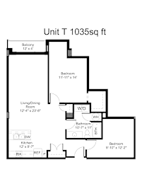 A black and white image of a floor plan for a 1035 square foot unit.