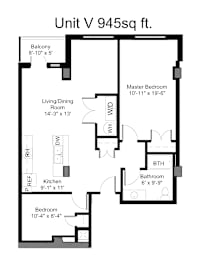 A black and white image of a floor plan for a 945 square foot unit.