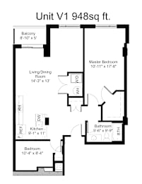 A floor plan of a 948 square foot unit with a living room, dining room, kitchen, bathroom, bedroom, and balcony.