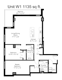 A floor plan for a 1135 sq ft unit with a balcony, living/dining room, kitchen, bathroom, and two bedrooms.