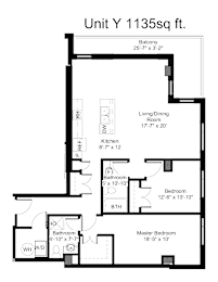 A floor plan for a 1135 square foot unit with a living room, two bedrooms, a kitchen, and bathrooms.