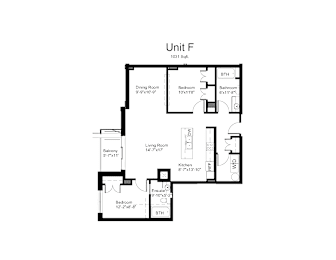 Floorplan of a 1 bedroom, 2 bathroom unit with a den