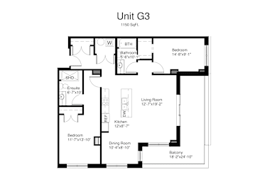 Floorplan of a 2 bedroom, 2 bathroom unit