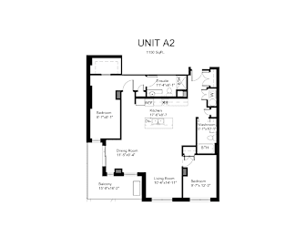 Floorplan of a 2 bedroom, 2 bathroom unit with a den
